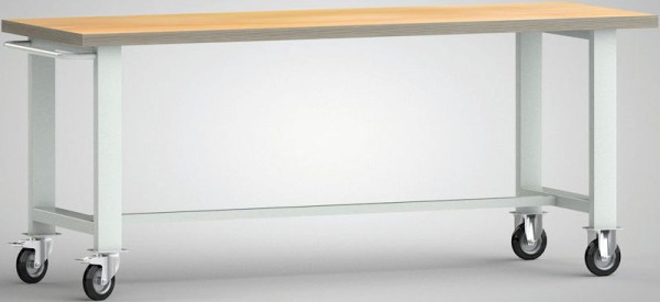 Etabli standard mobile KLW, 2000 x 700 x 840 mm, avec plateau multiplex en hêtre, avec poignée de poussée et 2 roulettes pivotantes, WS800N-2000M40-X1890