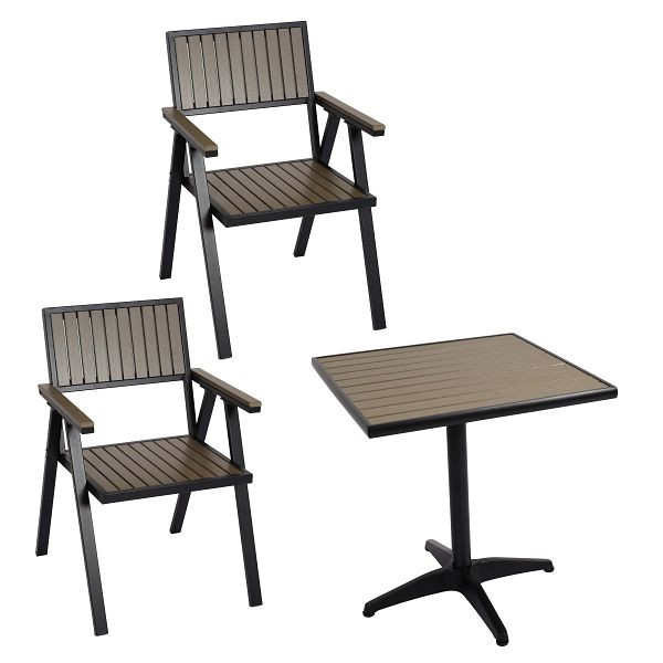 Ensemble de 2 chaises de jardin Mendler + table de jardin HWC-J95, table de chaise, revêtement extérieur gastro, aluminium polywood, noir, gris, 84858 + 84862