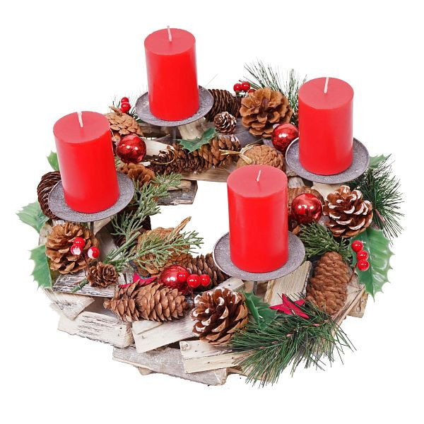 Mendler Couronne de l'Avent HWC-H49, Décoration de Noël Arrangement de l'Avent Arrangement de Noël, rond en bois Ø 33cm, avec 4x bougies rouges, 73493