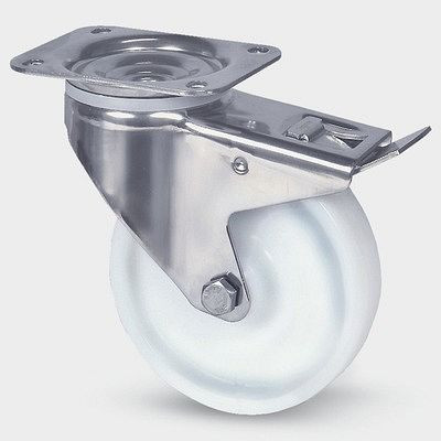 Roulette pivotante TENTE-ROLLEN avec frein, roue Ø 100 mm, capacité de charge 200 kg, hauteur totale 128 mm, D 75 Shore, montage sur platine, 8477UOD100P62