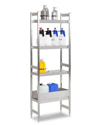 Rack pour matières dangereuses DENIOS GRE 6030 pour matières inflammables, acier inoxydable, 1 plateau et 3 étagères perforées, champ de base, 181-447