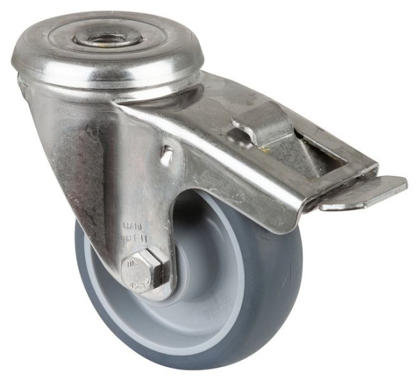 Rouleau de transport en inox avec frein, W30 mm, Ø80 mm, jusqu'à 60 kg, pneus thermoplastiques gris, paliers lisses, H121.B43.080