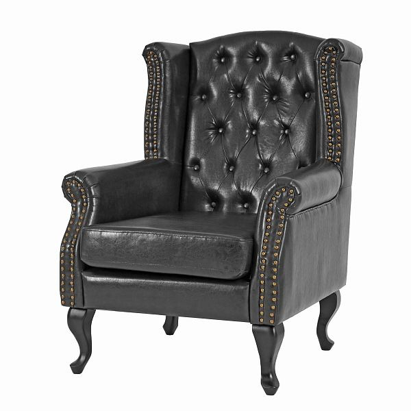 Mendler fauteuil relax fauteuil club fauteuil bergère Chesterfield, simili cuir, noir sans pouf, 32436+32437