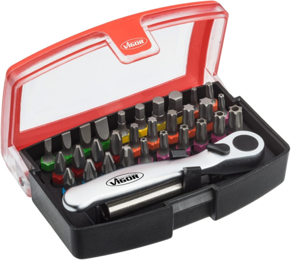 VIGOR Bit Box, hexagone plein 6,3 (1/4 pouce), profil TORX inviolable, nombre d'outils : 32, dans une boîte en plastique, V5502