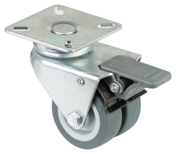 Appareil à rouleaux BS double rouleau avec frein, largeur 2x18 mm, Ø50 mm, jusqu'à 60 kg, bande de roulement en caoutchouc gris, palier lisse, lot de 4, B120.A80.050
