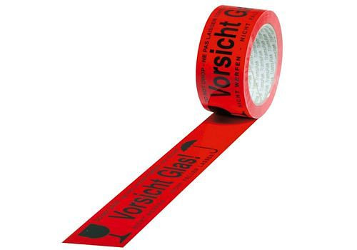 Ruban adhésif d'avertissement DENIOS, PVC, verre d'avertissement avec impression, rouge signal, 50 mm de large x 66 m, paquet : 12 rouleaux, 299579