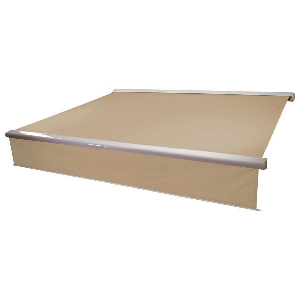 Store banne à coffre électrique Mendler T124, cantonnière extensible 4x3m, polyester crème, 37857+34295+35606
