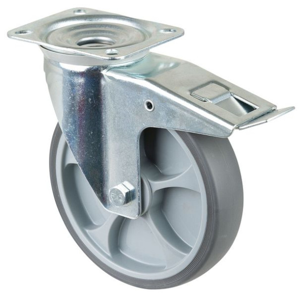 Rouleau de transport BS rollers avec frein, largeur 45 mm, Ø200 mm, jusqu'à 220 kg, pneus thermoplastiques gris, plastique, roulements à billes, plateau, L420.A85.202