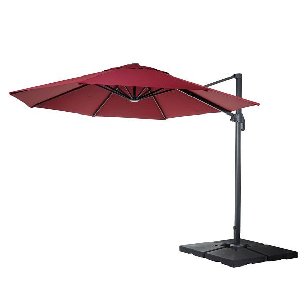Mendler gastronomy parapluie feu tricolore HWC-A96, parasol, rond Ø 3,5m polyester aluminium/acier 26kg, bordeaux avec support, 138549+35661