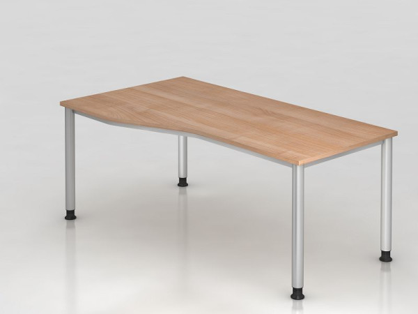 Bureau Hammerbacher 4 pieds rond 180x100/80cm noyer/argent, forme libre, montable à gauche ou à droite, VHS18/N/S