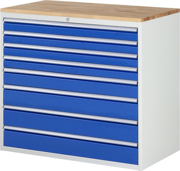Armoire à tiroirs RAU série 7000, plan de travail en hêtre massif, 8 x tiroirs taille XXL 4xH90, 1xH120, 3xH150 mm, 1145x1035x650 mm, 03-XXL7.8A-B.11