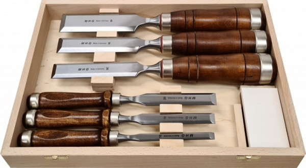Ensemble burin / ciseau à menuiserie MHG brun, contenu: burin 10,16,20 mm burin à bois 26,30,40mm + pierre à aiguiser, taille: 7 pièces, 131124.07