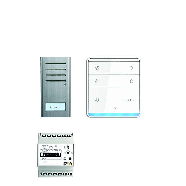 Commande de porte audio TCS : pack AP pour 1 unité résidentielle, avec poste extérieur ASX 1 bouton de sonnerie, 1x haut-parleur mains libres ISW5010, unité de commande BVS20, PSX2310-0000