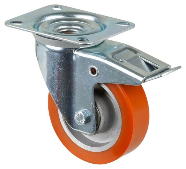 Rouleau de transport BS rollers avec frein, largeur 30 mm, Ø100 mm, jusqu'à 125 kg, bande de roulement en polyuréthane coulé, corps en aluminium, roulements à billes, L420.B90.100