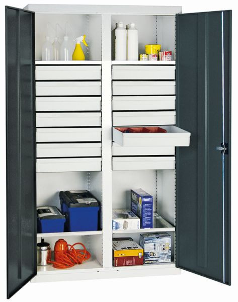 armoire à outils et matériaux contondants série 2000, 7035/7016, 14 tiroirs, cloison centrale, 4 étagères, 2004471
