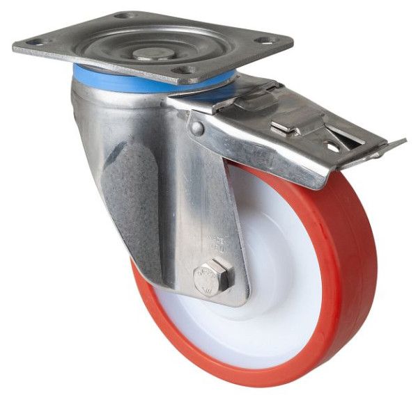 Roulettes pivotantes pour charges lourdes en acier inoxydable, acier inoxydable, avec frein, roue en polyuréthane à palier lisse rouge, plaque à visser 150 mm, HS120.B27.151