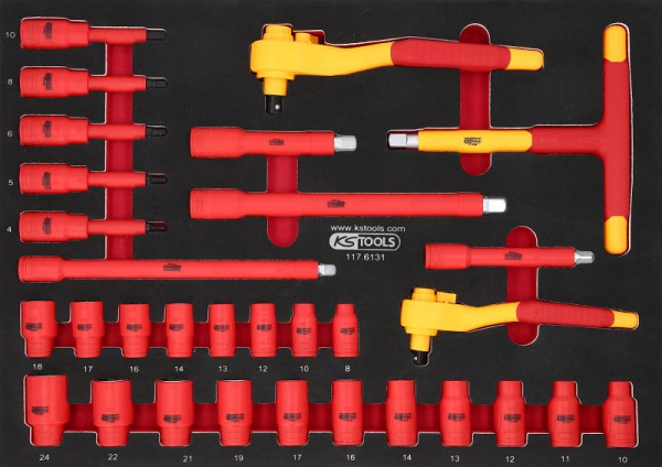 KS Tools Jeu de clés à douilles isolées 3/8"+1/2" dans insert en mousse, 31 pièces, 117.6131