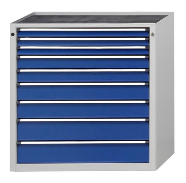 Armoire à tiroirs ANKE; 910 x 675 x 980 mm; RAL 7035/5010; Baignoire avec tapis antidérapant; 9 tiroirs 60, 60, 60, 90, 90, 120, 120, 150, 150 mm, 610.214