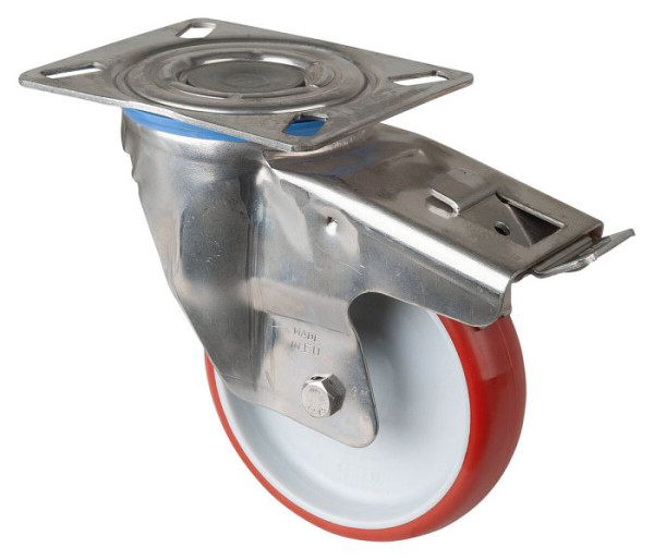 Rouleau de transport en inox avec frein, W32 mm, Ø125 mm, jusqu'à 180 kg, polyuréthane rouge, corps en plastique, palier lisse, plateau, H120.B26.126