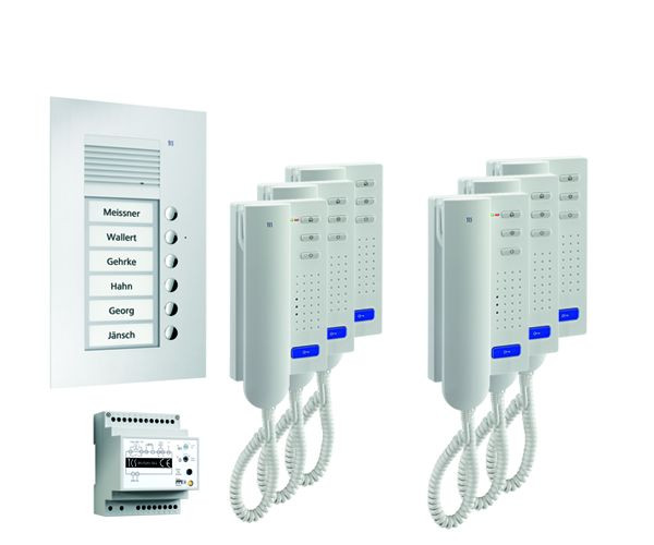 Système de commande de porte audio TCS : pack UP pour 6 unités résidentielles, avec poste extérieur PUK 6 boutons de sonnerie, 6x interphones ISH3030, unité de commande BVS20, PPU06-EN / 02
