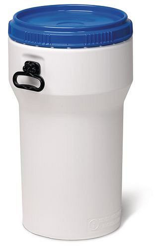 Fût à col large DENIOS en PE, 50 litres, avec couvercle, blanc/bleu, emboîtable, homologation UN, 217-400