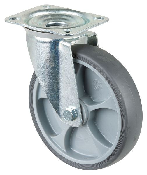 Rouleau de transport BS rollers, largeur 45 mm, Ø200 mm, jusqu'à 220 kg, pneus thermoplastiques gris, corps de roue en plastique, roulement à rouleaux, plateau, L400.B44.201