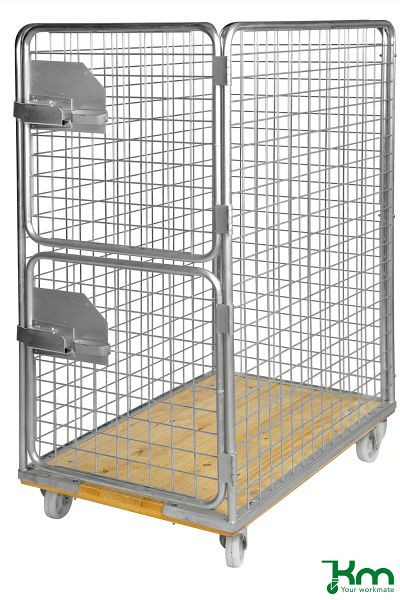 Conteneur mobile Kongamek avec plancher en bois, 2 roulettes pivotantes et 2 roulettes fixes, 1200 x 750 x 1700 mm, maillage 65 x 65 mm, KM80