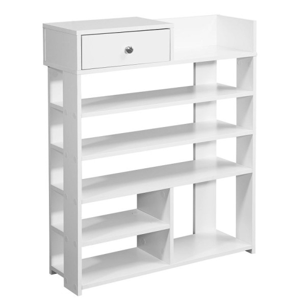 Étagère à chaussures Wohnling Design 75 x 92,5 x 24 cm étagère de couloir blanc, avec 7 compartiments et avec tiroir, WL6.070