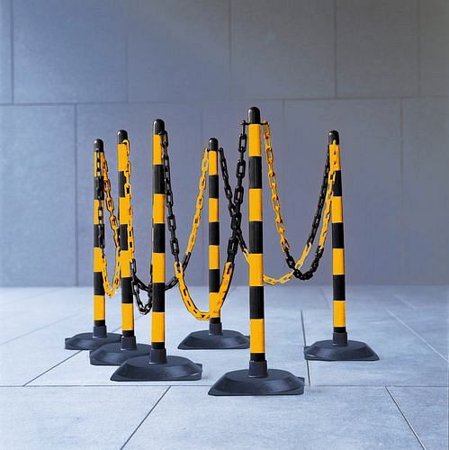 Ensemble de support de chaîne DENIOS, 6 pièces, 870mm, chaîne de 10m, jaune/noir, pied carré en caoutchouc dur, 180-248