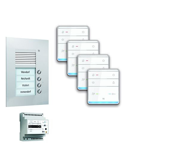 Système de commande de porte audio TCS : pack UP pour 4 unités résidentielles, avec poste extérieur PUK 4 boutons de sonnerie, 4x haut-parleur mains libres ISW5010, unité de contrôle BVS20, PPUF04-EN / 01