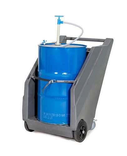 Système de pompe mobile DENIOS pour produits chimiques, chariot à fûts en PE et pompe à main en PP, 271-142