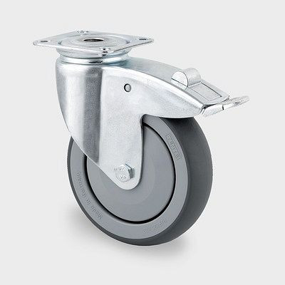 Roulette pivotante TENTE-ROLLEN avec frein, roue Ø 100 mm, capacité de charge 100 kg, hauteur 135 mm, A 87 Shore, montage sur platine, bleu passivé, 2477PJP100P50