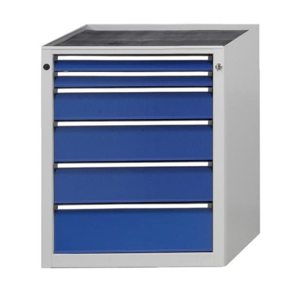 Armoire latérale ANKE; 665 x 650 mm; RAL 7035/5010; Hêtre plaque solide; 6 tiroirs 60, 60, 120, 150, 150, 180 mm
