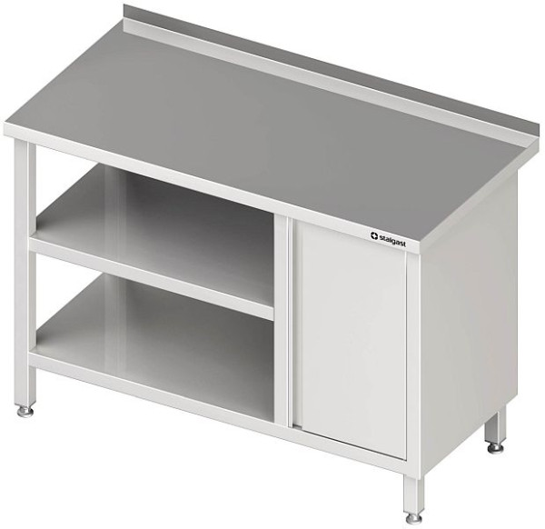 Table de travail Stalgast avec base et étagère intermédiaire, 2000x600x850 mm, avec armoire à portes battantes à droite, avec dosseret, soudé, VAT20613rA