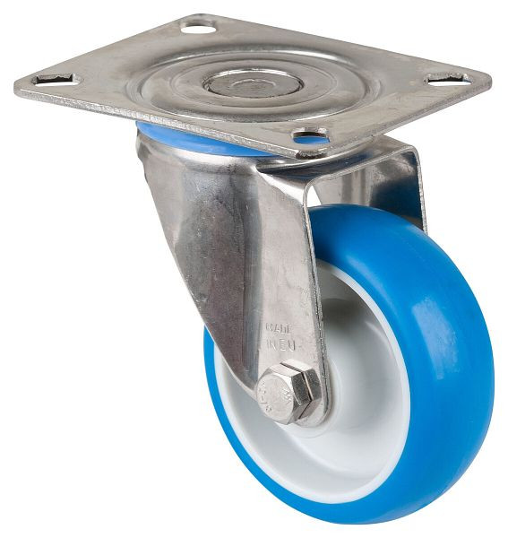 Rouleau de transport en acier inoxydable BS rollers, largeur 28 mm, Ø80 mm, jusqu'à 70 kg, bande de roulement polyuréthane bleu, corps de roue en plastique, palier lisse, plaque, H100.B32.080