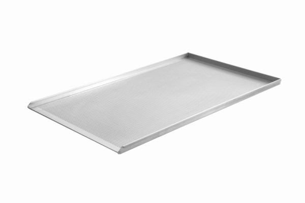 Plaque à pâtisserie Schneider aluminium 580 x 780 x 25 mm, 3 côtés 90° 1 côté court ouvert, perforé 3mm, 381006