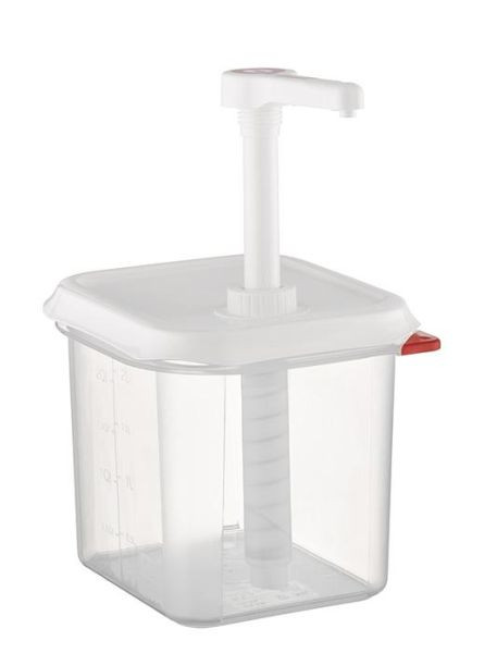 Distributeur doseur APS GN 1/6, 17,6 x 16,2 cm, hauteur : 27 cm, polypropylène, 2,6 litres, volume cylindrée 30 ml, 93280