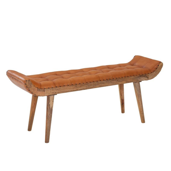 Wohnling Banc en cuir véritable/bois massif marron 125 x 50 x 38 cm Chesterfield, banc rembourré design pour couloir, banc en cuir, banc de lit 2 personnes, WL6.479