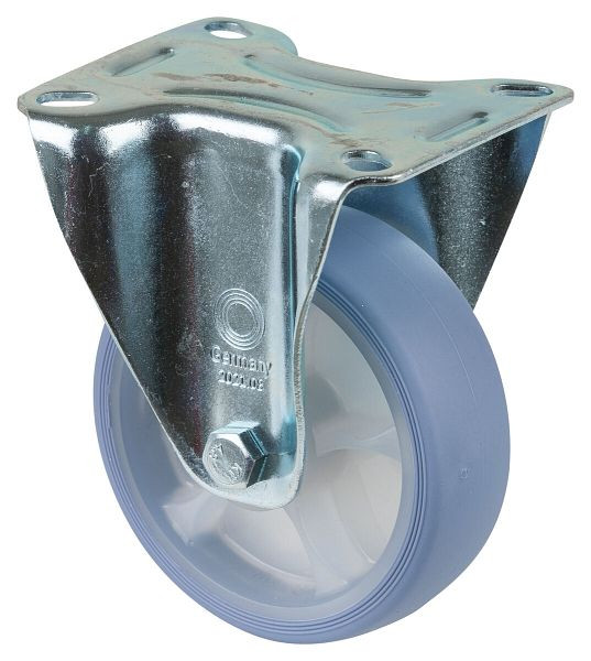 BS rollers rouleau de transport rouleau fixe, roue en caoutchouc thermoplastique, pneu bleu clair, roulement à rouleaux, plaque, diamètre : 100 mm, lot de 4, L410.B44.101.05