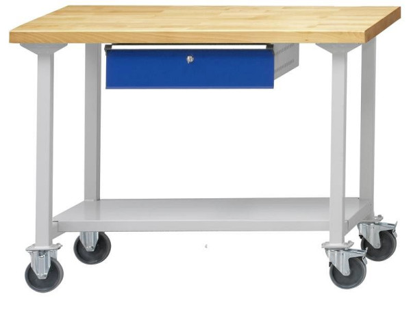 Table de travail ANKE; mobile; 1270x700 mm; RAL 7035/5010; 1xHängeschublade; 1x étagère de rangement en tôle d'acier de 500 mm de profondeur