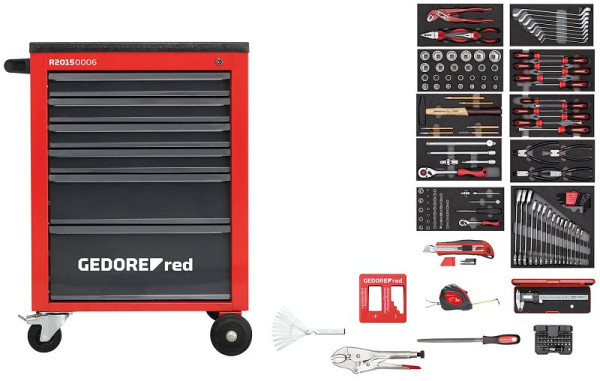 Coffret à outils rouge GEDORE dans le chariot d'atelier rouge MECHANIC, 166 pièces, 3301668