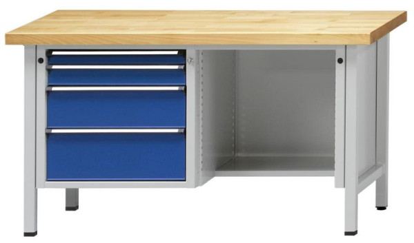 Établi d'armoire ANKE; 1500x700 mm; RAL 7035/5010; Plateau en hêtre massif 40 mm; A gauche 4 tiroirs 60, 90, 180, 210 mm; Plancher en retrait à droite