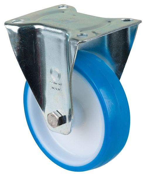 Rouleau de transport BS rollers, rouleau fixe, largeur 35 mm, Ø150 mm, jusqu'à 200 kg, polyuréthane bleu, corps de roue plastique, roulement à rouleaux, plaque, L410.B36.150