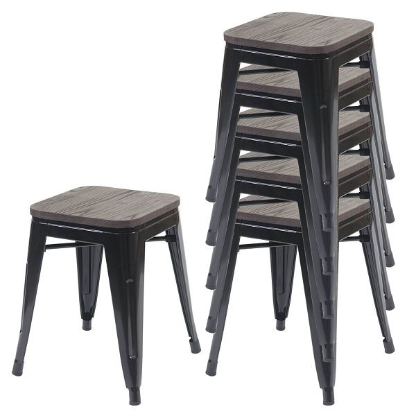 Ensemble de 6 tabourets Mendler HWC-A73 avec siège en bois, tabouret en métal, design industriel en métal empilable, noir, 70397 + 70771