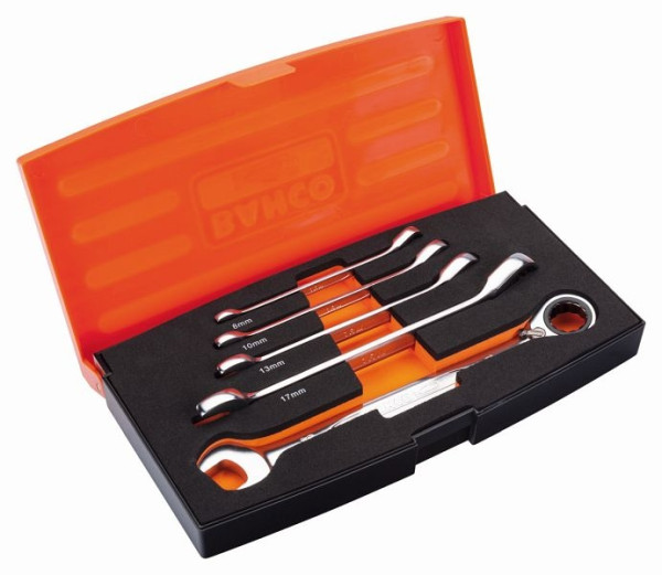 Jeu de clés mixtes à cliquet Bahco, mâchoires coudées à 15°, 5 pièces, coffret plastique, 1RM/S5