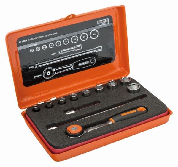 Jeu de clés à douille Bahco 1/4" avec cliquet réversible 6950RN, 12 pièces, 6712RN