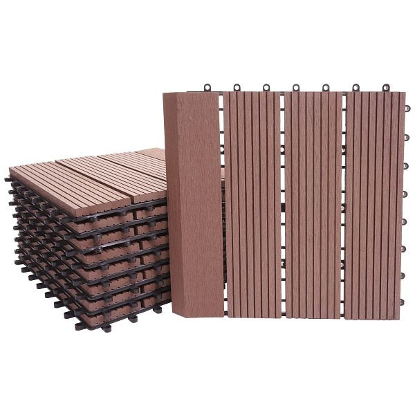 Carrelage de sol Mendler WPC Rhône + finition, aspect bois balcon/terrasse, 11x chaque 30x30cm = 1m² Premium, café linéaire vertical, 77618