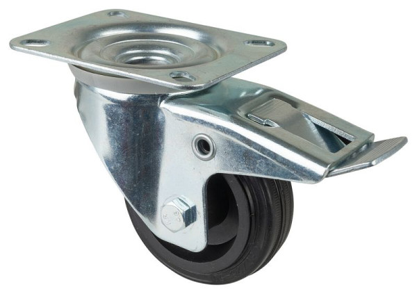 Rouleau de transport BS rollers avec frein, largeur 30 mm, Ø80 mm, jusqu'à 50 kg, caoutchouc noir, roulement à rouleaux, plateau, lot de 4, L420.B45.080
