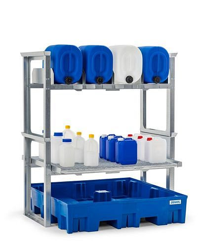 Support pour bidons et petits récipients DENIOS, avec plateau en plastique, 1429 x 1235 x 1637 mm, 291-792
