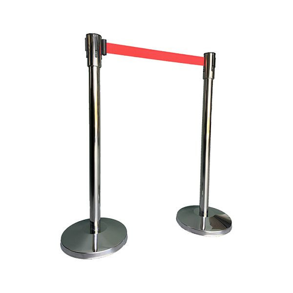 Poteau de barrière VEBA en inox chromé avec ceinture rouge, longueur de barrière 200 cm, base Ø 32cm, poteau Ø 5cm, hauteur 99 cm, 8,5 kg, 10104SR
